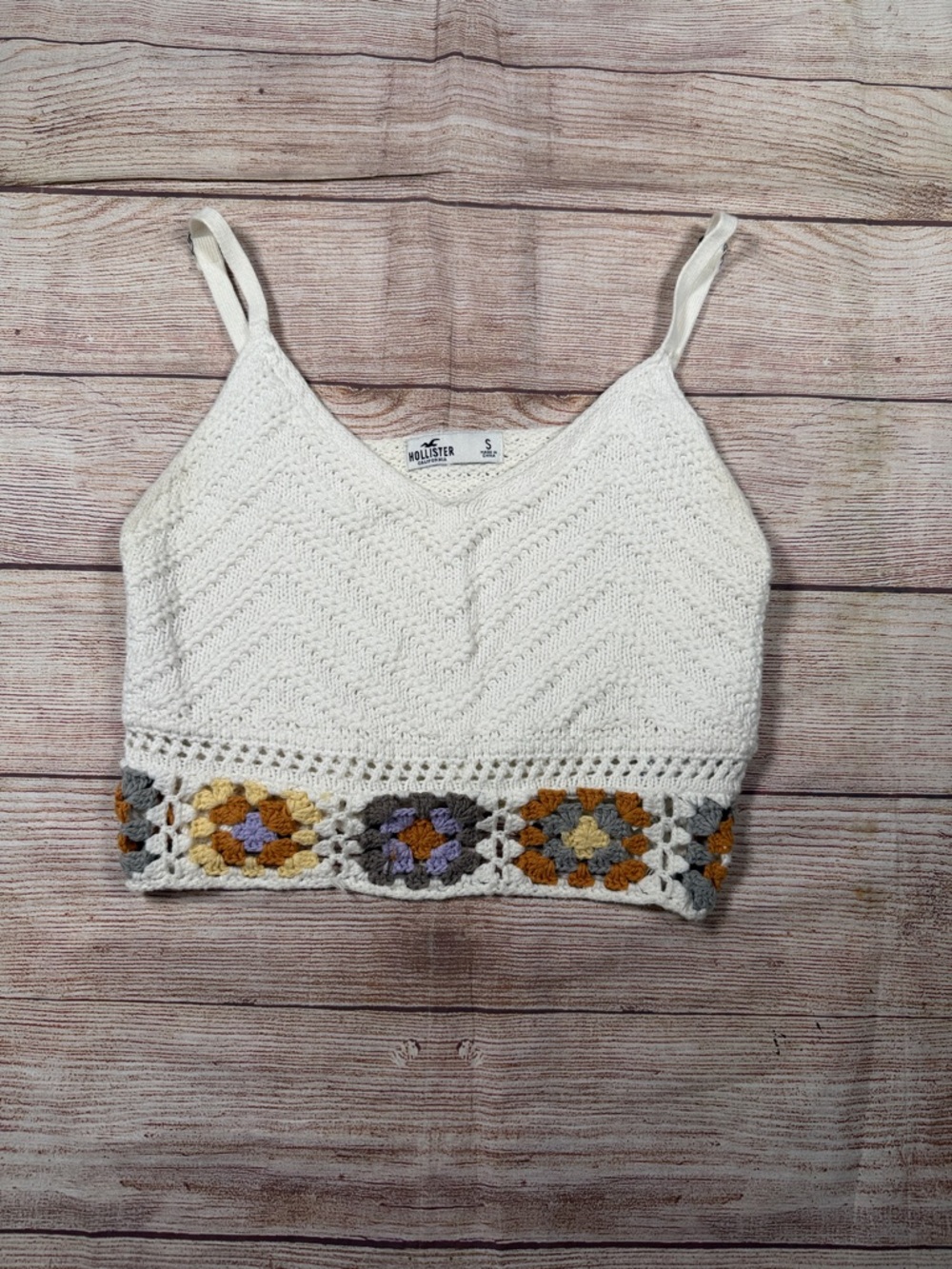 Hollister Cream Crochet-Trim Camisole with Multicolor Granny Squares